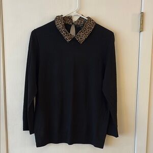Jcrew Black merino wool sweater with Leopard Print Collar